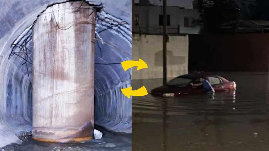 Left: a Tall Concrete Pillar Inside a Swirling Water Tunnel. Right: a Red Car Partially Submerged in Urban Floodwater with a Person Standing Near the Door. - Alcaldes Regios