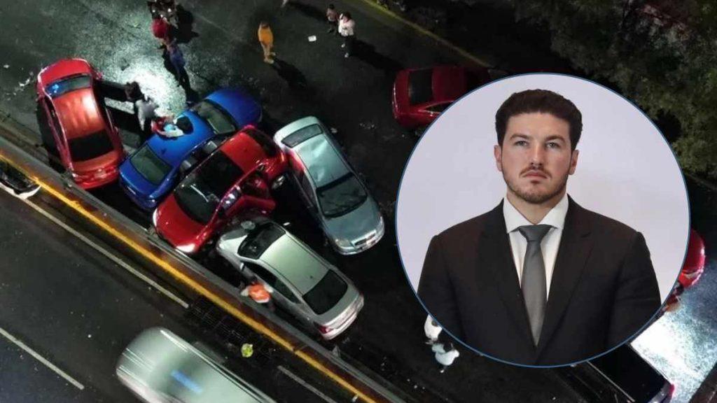 Aerial View of a Nighttime Multi-car Crash on a Wet Street, with a Round Inset Photo of a Man in a Suit. - Alcaldes Regios