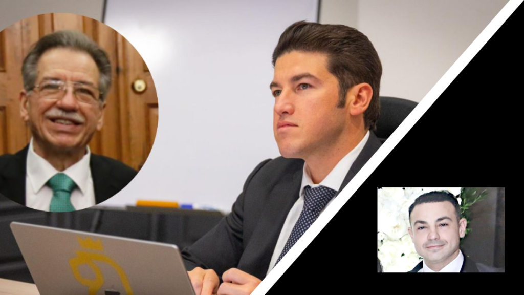 El-despacho-del-padre-de-samuel-garcia-emitio-los-comprobantes - Alcaldes Regios Businessman in a Suit Typing on a Laptop, with Two Other Men Shown in Circular and Small Rectangular Frames. - Alcaldes Regios