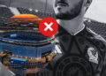 Grayscale Man in a Mexico Soccer Jersey with a Red X Badge, Overlaid by a Circular Photo of Metlife Stadium. - Alcaldes Regios