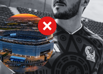 Grayscale Man in a Mexico Soccer Jersey with a Red X Badge, Overlaid by a Circular Photo of Metlife Stadium. - Alcaldes Regios